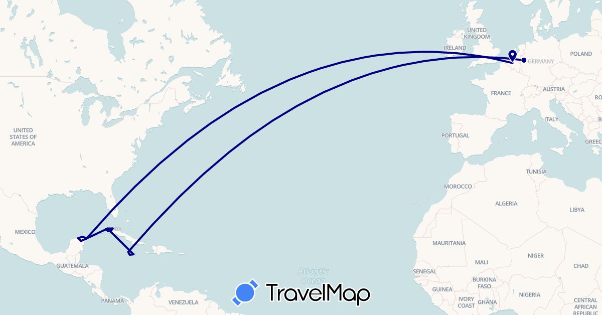 TravelMap itinerary: driving in Belgium, Cuba, Germany, Jamaica, Mexico (Europe, North America)